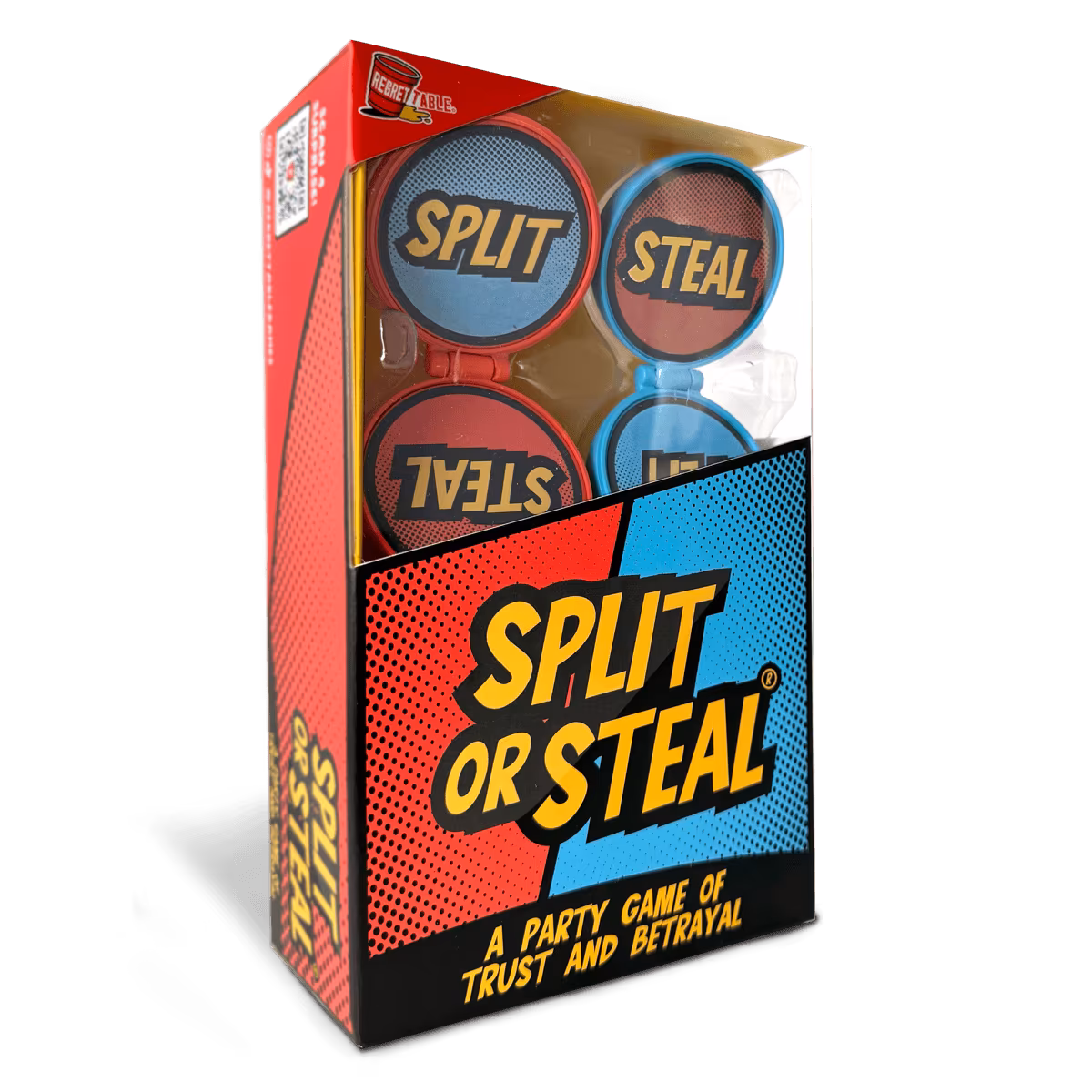 Split or Steal trust & betrayal party game box and contents